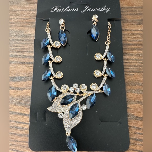 Blue and Gold Necklace and Earring Set - Picture 1 of 6